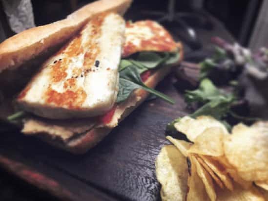 Our Hummus, Red pepper and caramelised onion ciabatta sandwich... with added halloumi