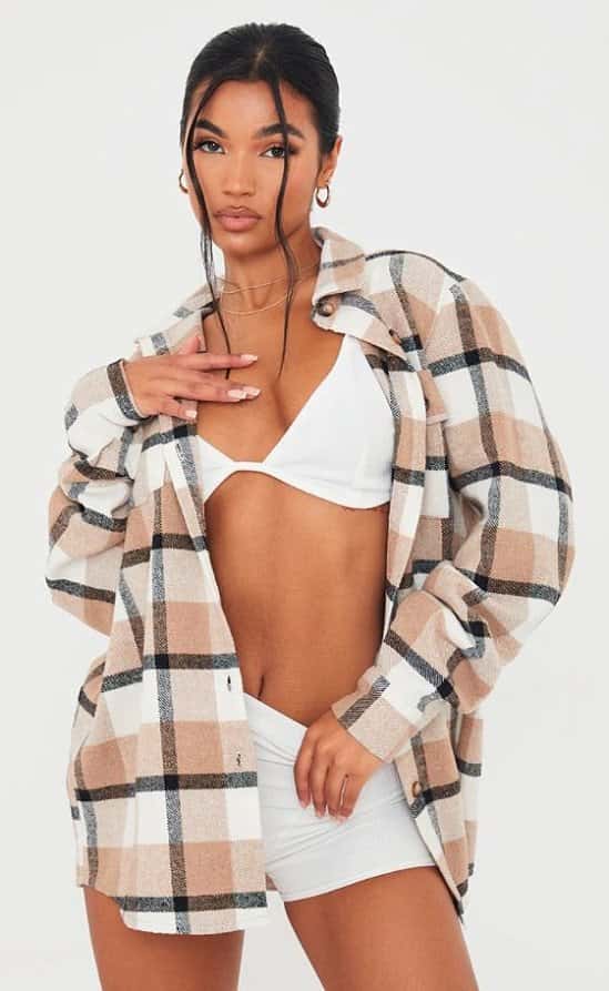 11% OFF - BROWN CHECKED POCKET FRONT OVERSIZED SHACKET!