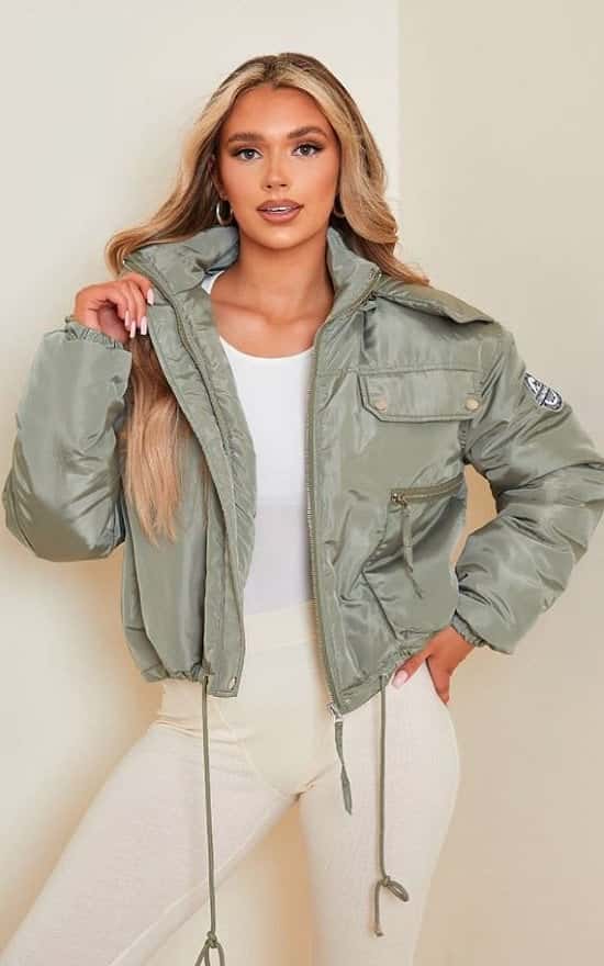 12% OFF - PRETTYLITTLETHING RECYCLED KHAKI CROPPED REMOVABLE FAUX FUR HOODED PARKA!