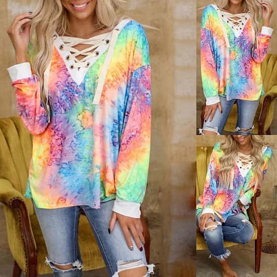 Tie-Dye Printed Long-Sleeved V-Neck Tie Casual T-Shirt Top