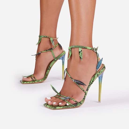 50% Off Whisper Leaf Detail Square Toe Perspex Heel In Green Snake Print Faux Leather