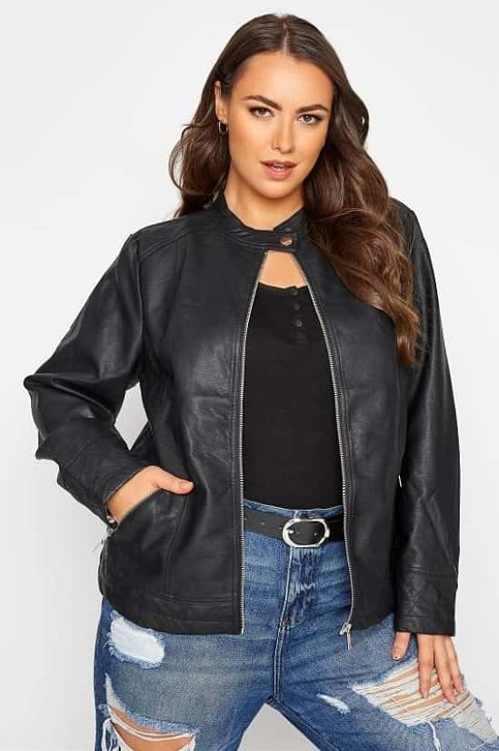 Black Faux Leather Collarless Jacket