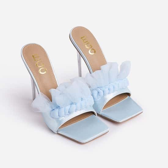 75% Off Made-You-Look Tulle Ruffle Detail Square Toe Clear Perspex Heel Mule In Blue Satin