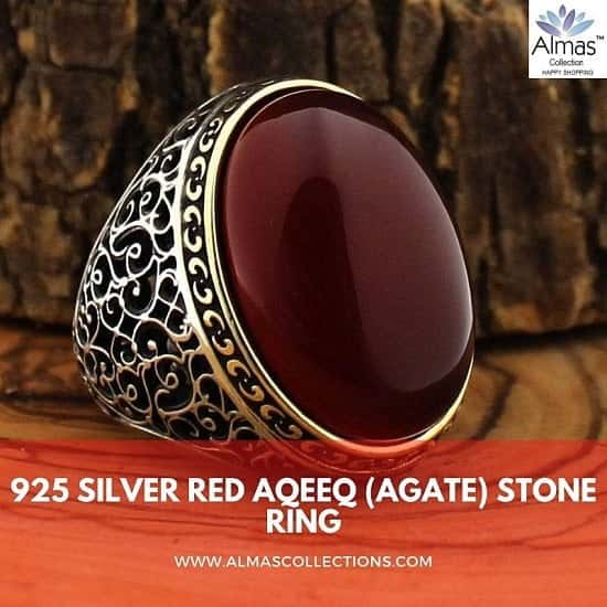Turkish 925 Silver Ring with Red Aqeeq (Agate) Stone