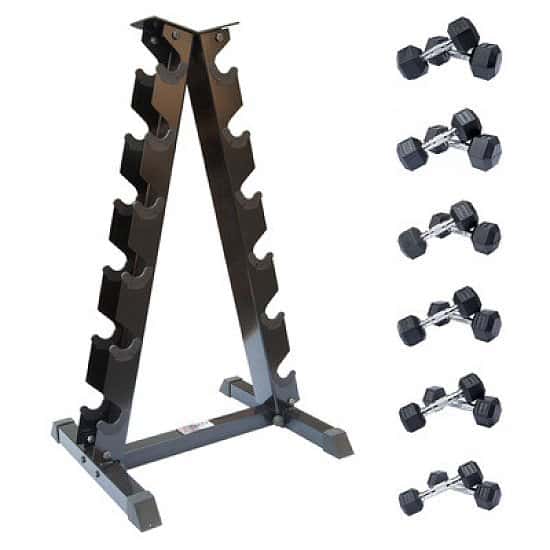 2kg to 10kg Rubber Hex Dumbbell Set with Storage Rack - 6 Pairs - £159.99