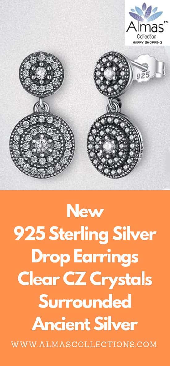 925 Sterling Silver Drop Earrings Clear CZ Crystals Surrounded Ancient Silver