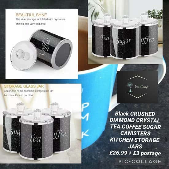 Black CRUSHED DIAMOND CRYSTAL TEA COFFEE SUGAR CANISTERS KITCHEN STORAGE JARS 💥 £26.99