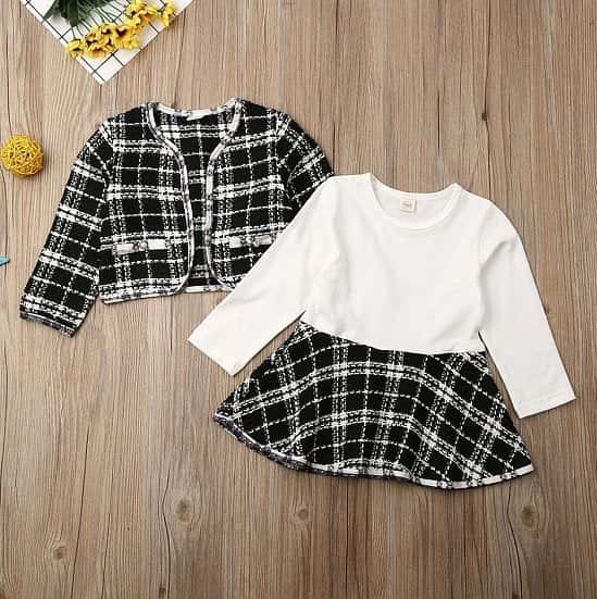 2Pcs Autumn Winter Party Kids Clothes For Baby Girl Fashion Pageant Plaid Coat Tutu Dress Outfits Su