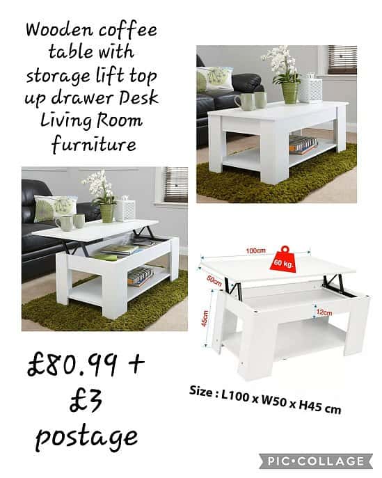 Wooden coffee table with storage lift top up drawer Desk Living Room furniture £80.99 + £3 postage.