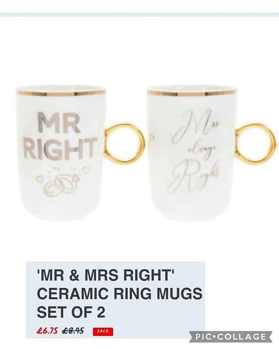 MR & MRS RIGHT' CERAMIC RING MUGS - SET OF 2 £6.75 + £3 postage.