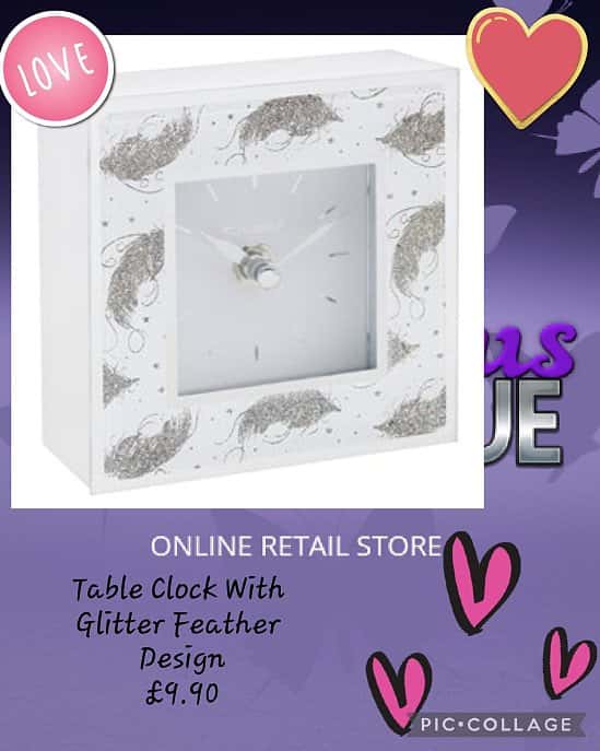 Table Clock With Glitter Feather Design 💥£9.90