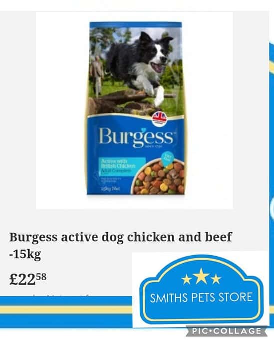 Burgess active dog chicken and beef -15kg £22.58 + £2.99 postage