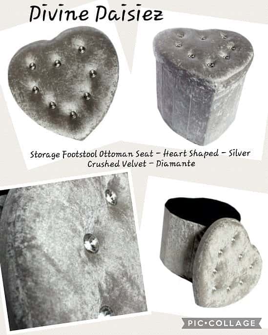 Storage Footstool Ottoman Seat - Heart Shaped - Silver Crushed Velvet - Diamante