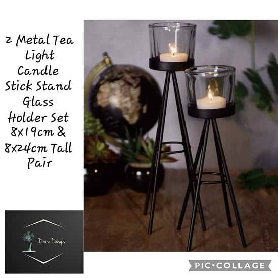 2 Metal Tea Light Candle Stick Stand Glass Holder Set 8x19cm & 8x24cm Tall Pair