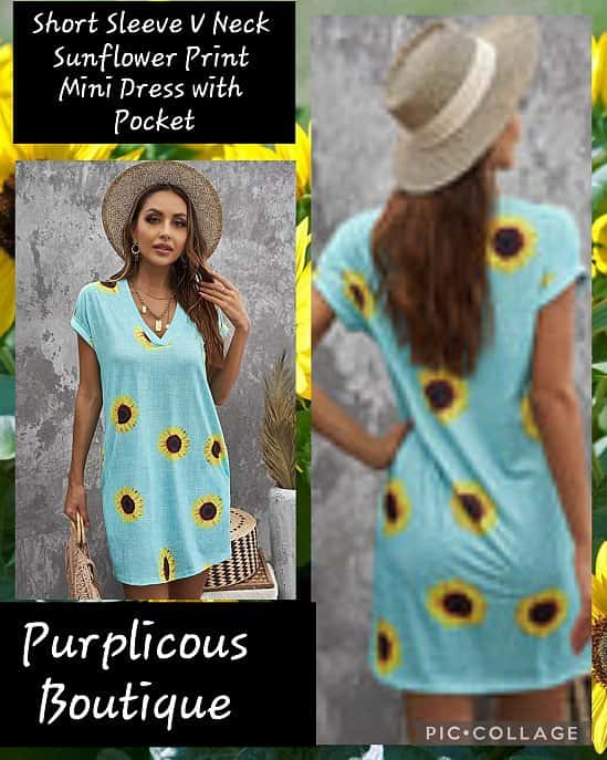 Short Sleeve V Neck Sunflower Print Mini Dress with Pocket