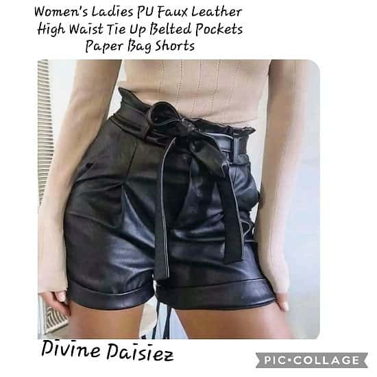Women's Ladies PU Faux Leather High Waist Tie Up Belted Pockets Paper Bag Shorts