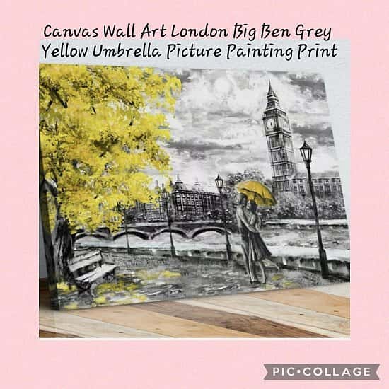 Canvas Wall Art London Big Ben Grey Yellow Umbrella Picture Painting Print