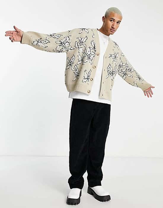 Topman oversized knitted cardigan with all over floral print in ecru - £40.00!