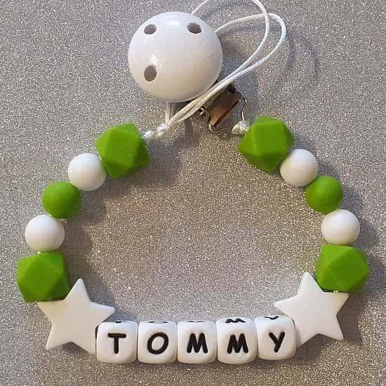 Green and White Star Personalised Silicone Dummyclip