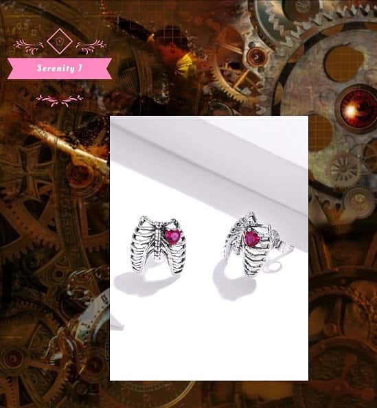 Sterling Silver Steampunk Ribs with Red CZ Heart Earrings £18.95