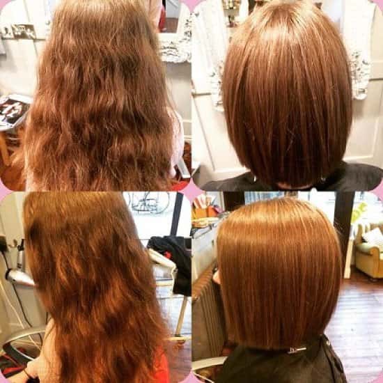 Before and After photo of Rebecca who bravely had 7 inches of her hair cut off for Princess Trust
