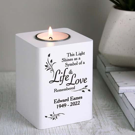 £14.99 - Free UK Delivery - Personalised Life & Love White Wooden Tea Light Holder