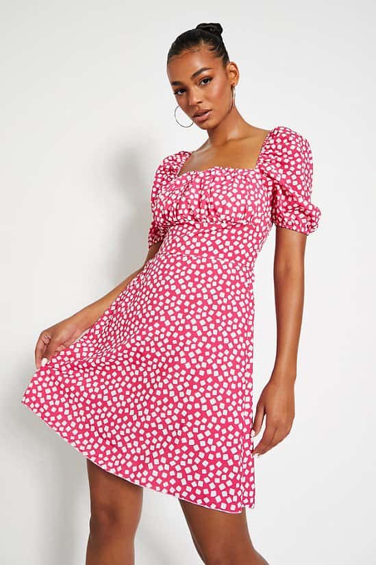 Hot Pink Square Polka Dot Ruched Bust Puff Sleeve Skater Dress
