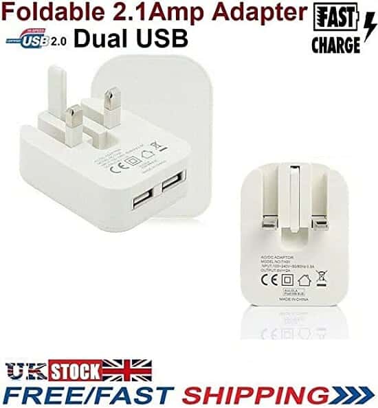 Dual USB Ports 2.1A Charger Adapter Mains Wall Plug Charging 5V 3-Pin Fold UK (White):£6.49