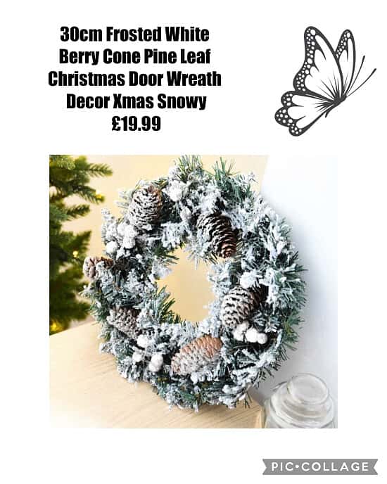 30cm Frosted White Berry Cone Pine Leaf Christmas Door Wreath Decor Xmas Snowy 💕💕£19.99💕💕