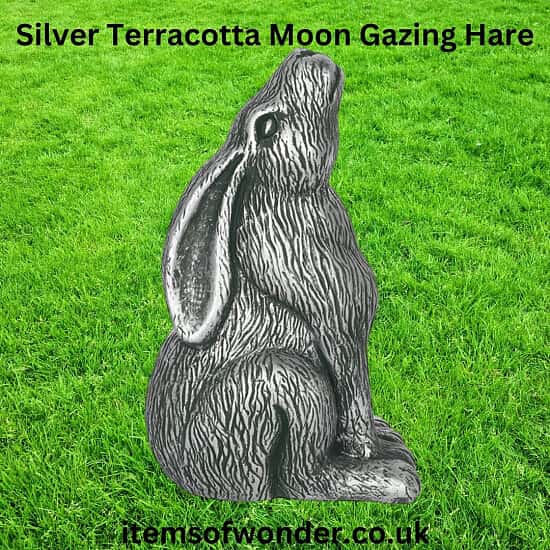 Silver Terracotta Moon Gazing Hare Garden Ornament.