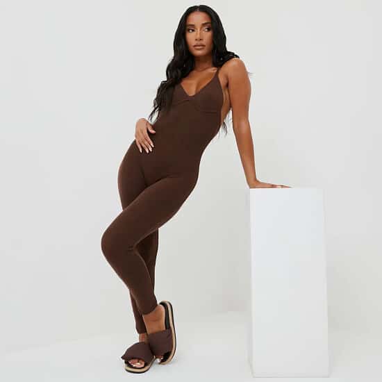 SAVE - THIN STRAPPED JUMPSUIT IN BROWN KNIT