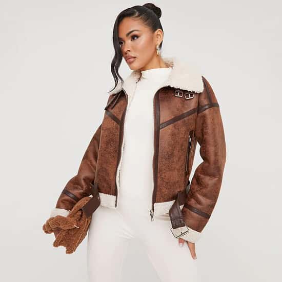 Upgrade your outerwear game and save on the trendy Shearling Aviator Biker Jacket in Brown!
