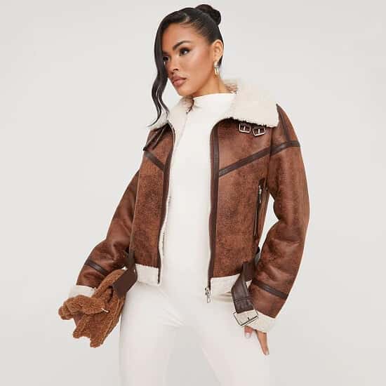 Elevate Your Outerwear Game with the Brown Shearling Aviator Biker Jacket - Save Today!