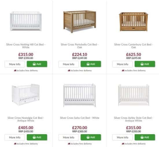 15% off two piece or 3 piece Silver Cross cot beds
