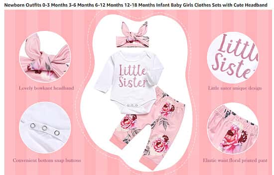 Baby Girl Clothes Set Newborn Outfit Little Sister Romper Top and Rose Printed Pant and