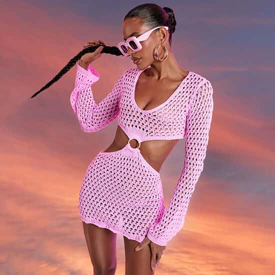 Dazzle in Pink: Save on Plunge Neck Ring Detail Mini Dress in Crochet Knit!
