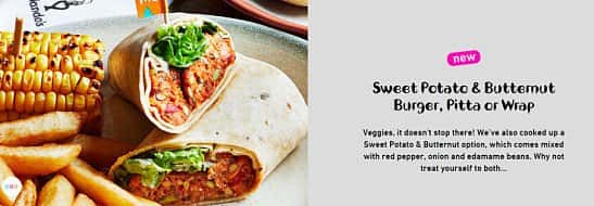 Try our new Veggie meals under £11! - Sweet Potato & Butternut Burger, Pitta or Wrap