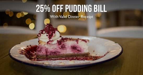 Take 25% off your bill when you show us a valid dinner receipt!