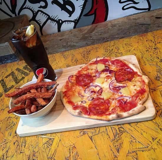 “9 stone baked pizza, a side and a drink from only £6.95 in our weekend deal.