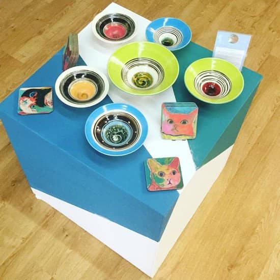 These brightly coloured ceramics and cats are courtesy of Gill Bramley and Corrina Rothwell!