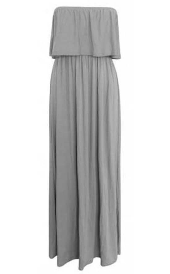 GREY STRAPLESS FRILL MAXI DRESS