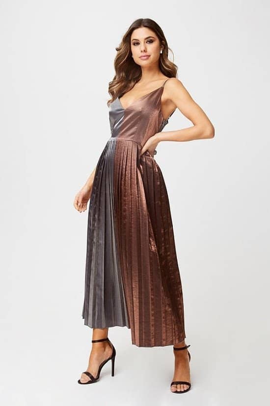 SALE - LITTLE MISTRESS TALITA GUNMETAL AND COPPER METALLIC PLEATED MIDI DRESS