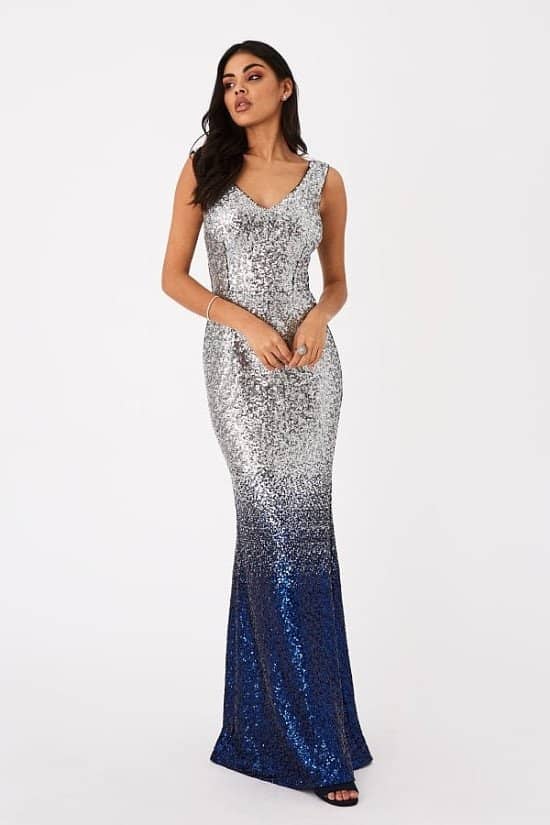 SALE - LITTLE MISTRESS CAPRICE SILVER AND BLUE SEQUIN OMBRE MAXI DRESS