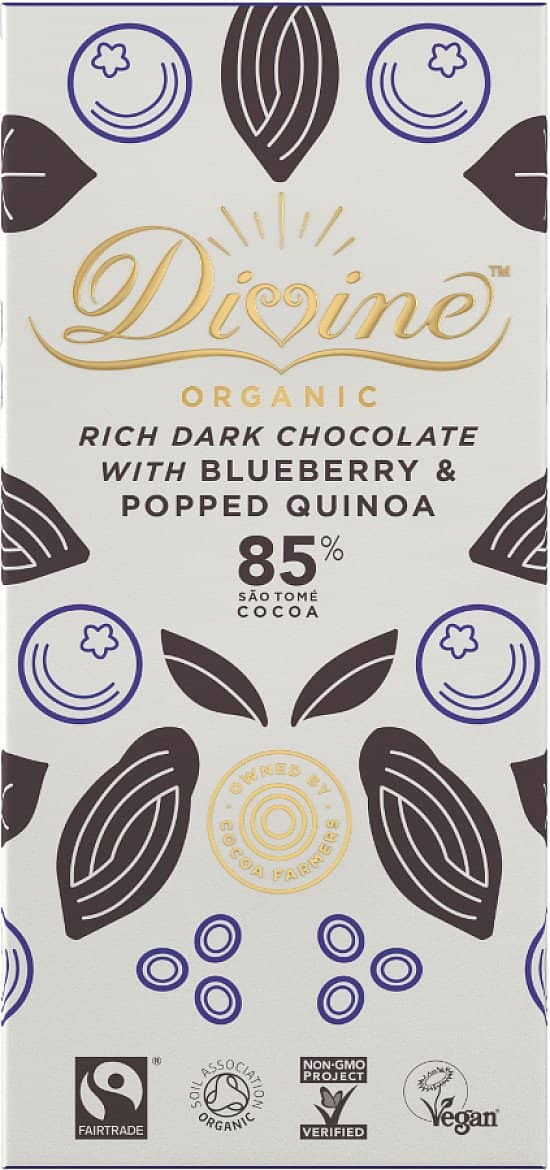 Organic Vegan Fairtrade 85% Dark Chocolate with Quinoa & Blueberry - £2.99!