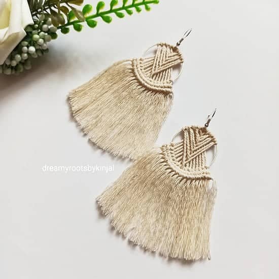 Macrame Earrings, Handmade, Gift,  Fashion Accessories, Beige, Fringe, Boho, Jewellery - £9.99