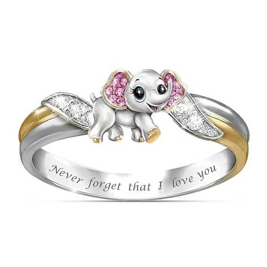 Never Forget I Love You" Silver Cute Pink Elephant Crystal Zircon Engagement Ring Accessories Lover'