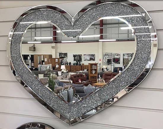 Crushed Diamante Wide Heart Shaped Mirror - Now Available
