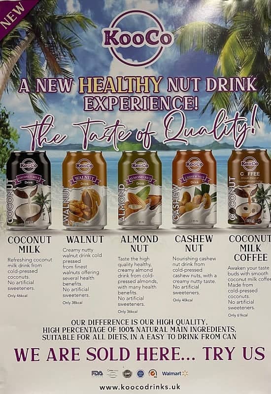 Hi guys, we are new drinks, all made from cold pressed nuts. No artificial sweeteners, low calorie.