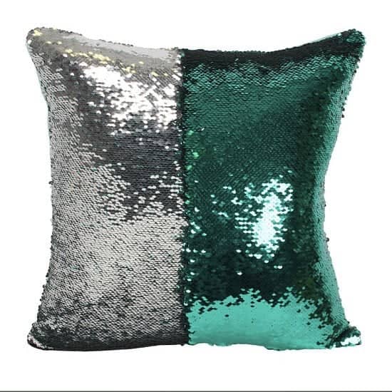 REVERSIBLE SILVER AND GREEN SEQUIN FILLED CUSHION