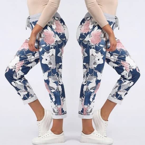 Sarah Floral Print Cotton Joggers - Dark Blue